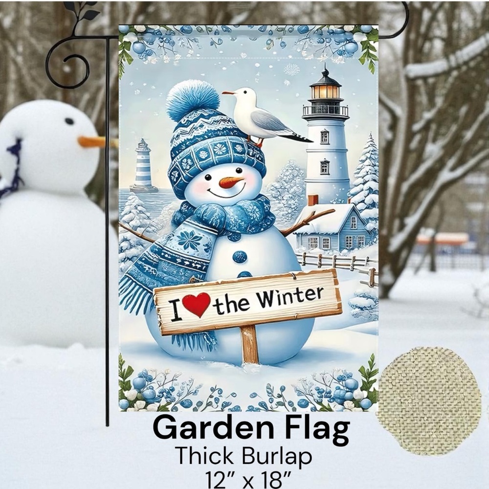 Garden Flag, 12”x18”, Snowman & Lighthouse In Blue,Burlap Polyester Doublesided